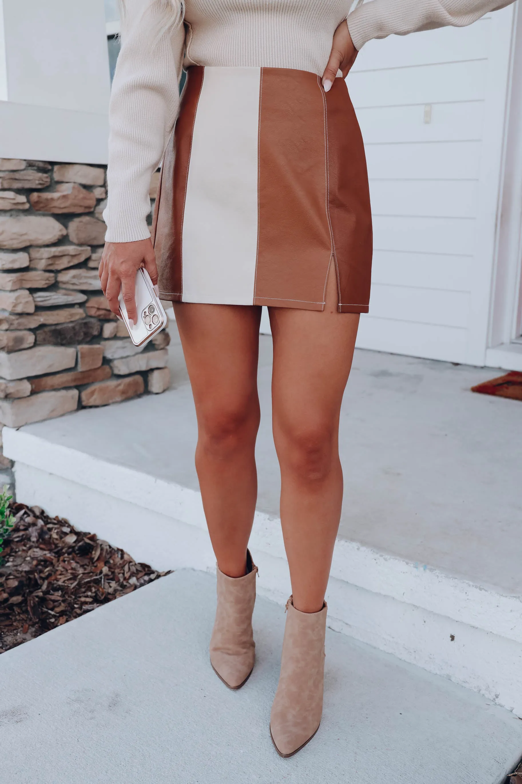 Brandy Color Block Faux Leather Skirt