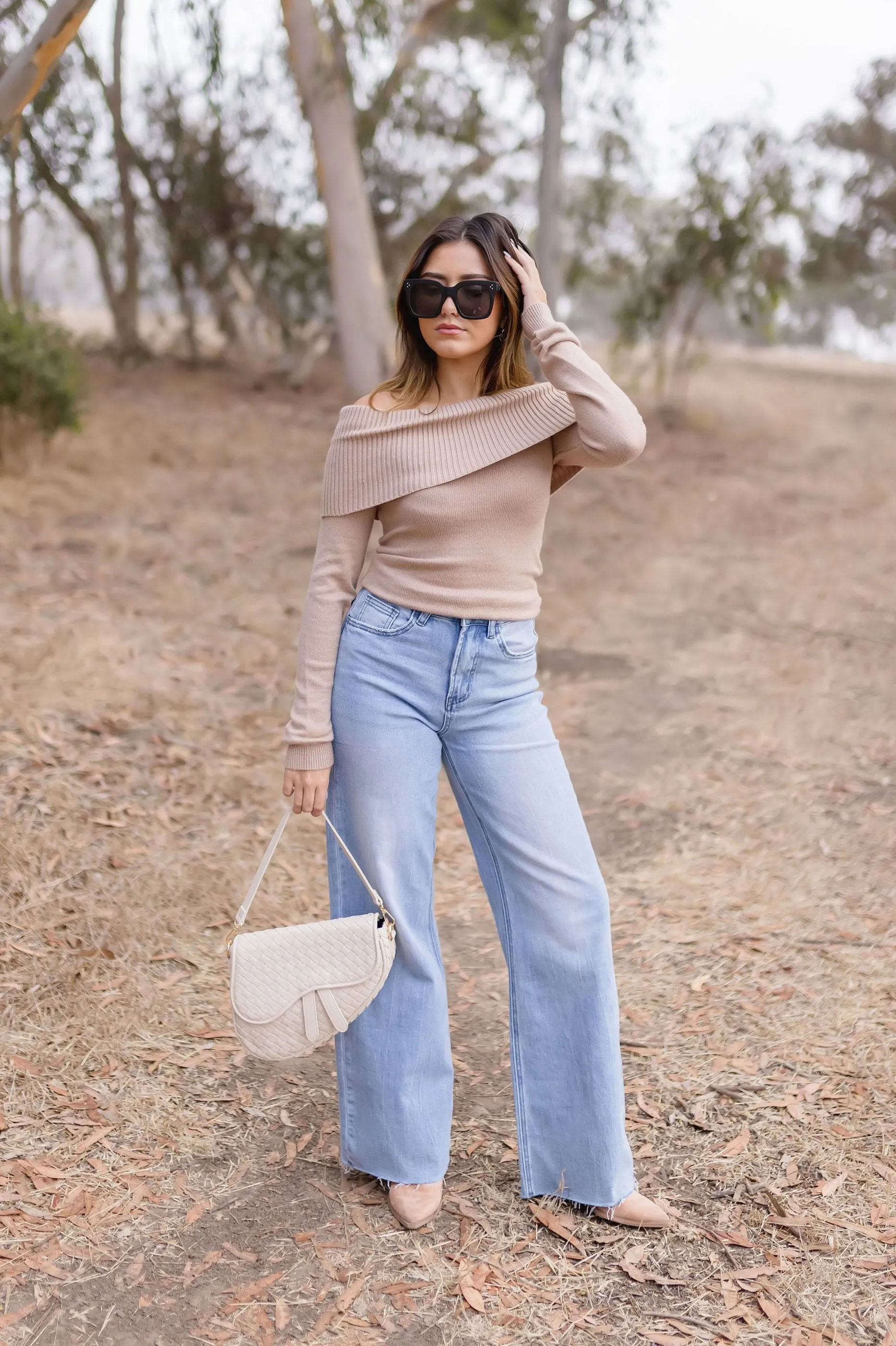 Brynn Long Sleeve Off The Shoulder Sweater Top Taupe