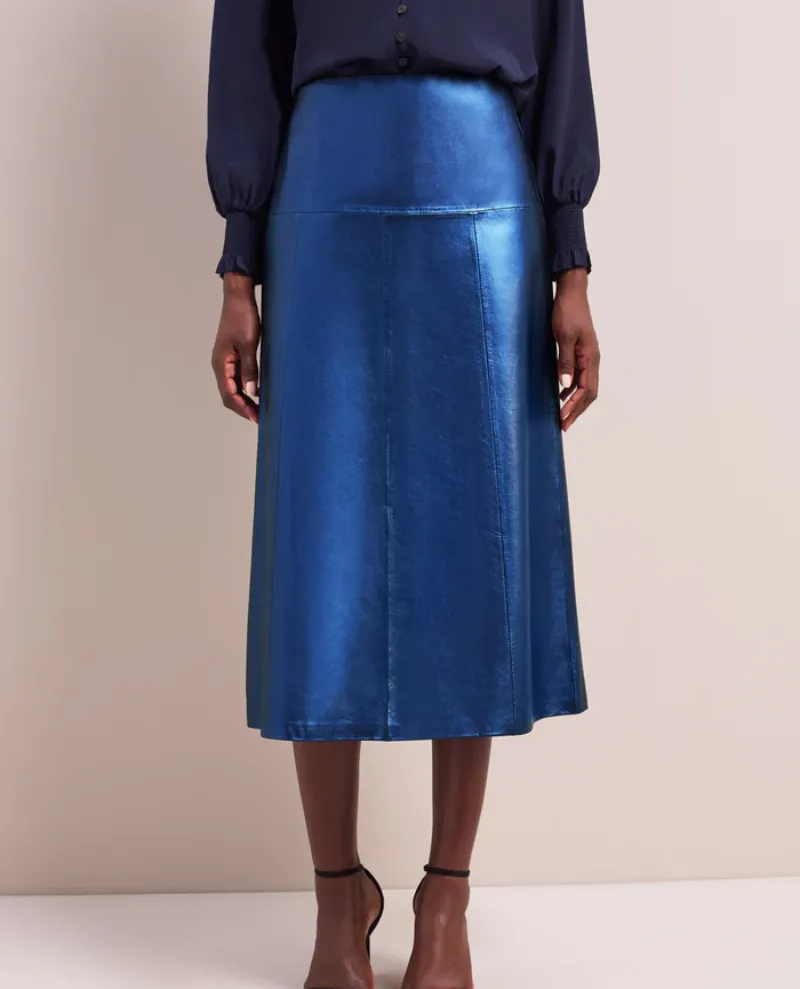 Cefinn Tiana Metallic Blue Leather Midi Skirt