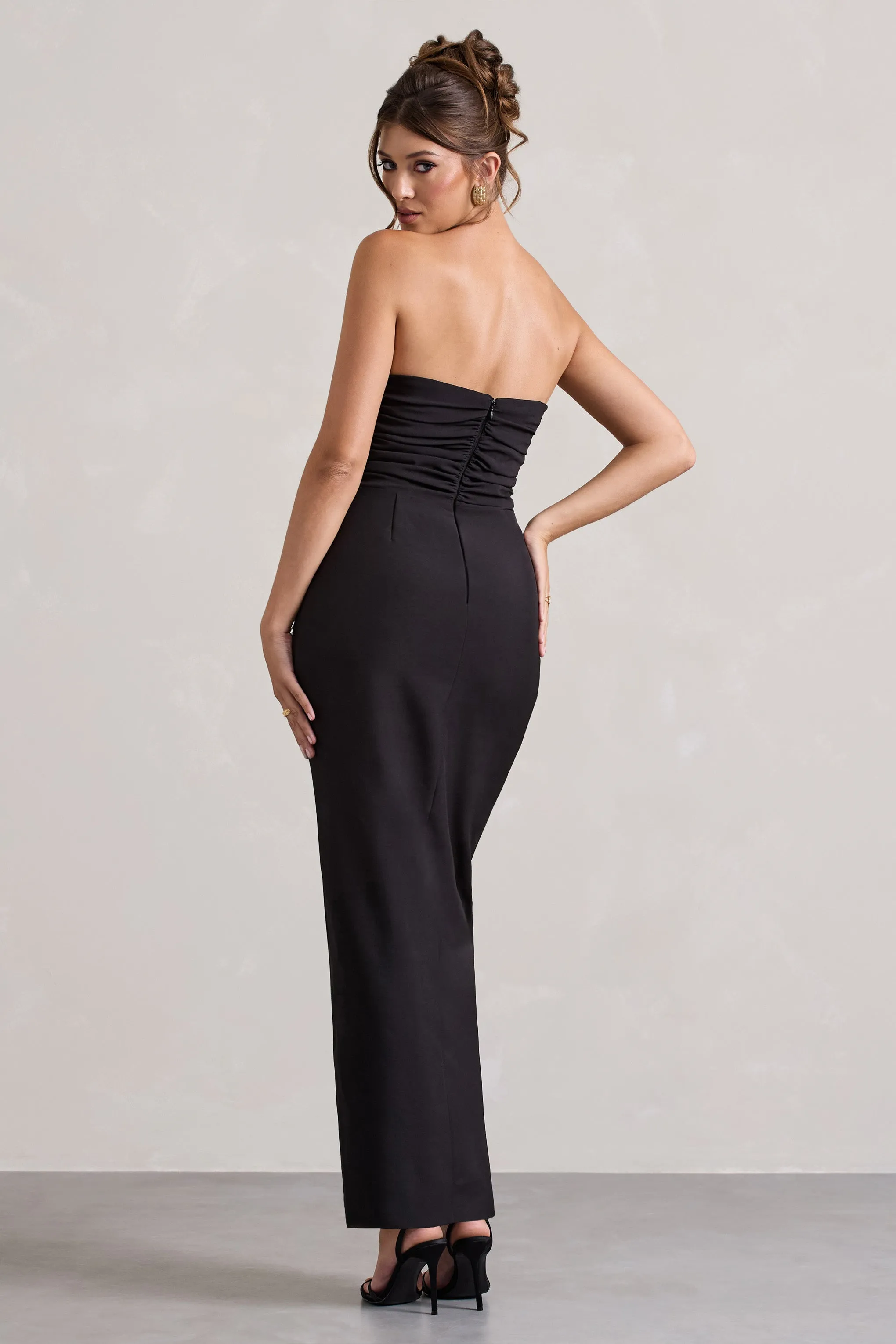 Chosen | Black Bandeau Wrap Maxi Dress With Feather Trim