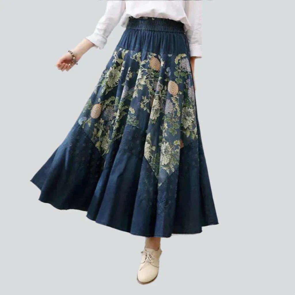 Color flowers print denim skirt