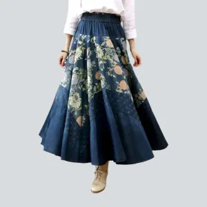 Color flowers print denim skirt