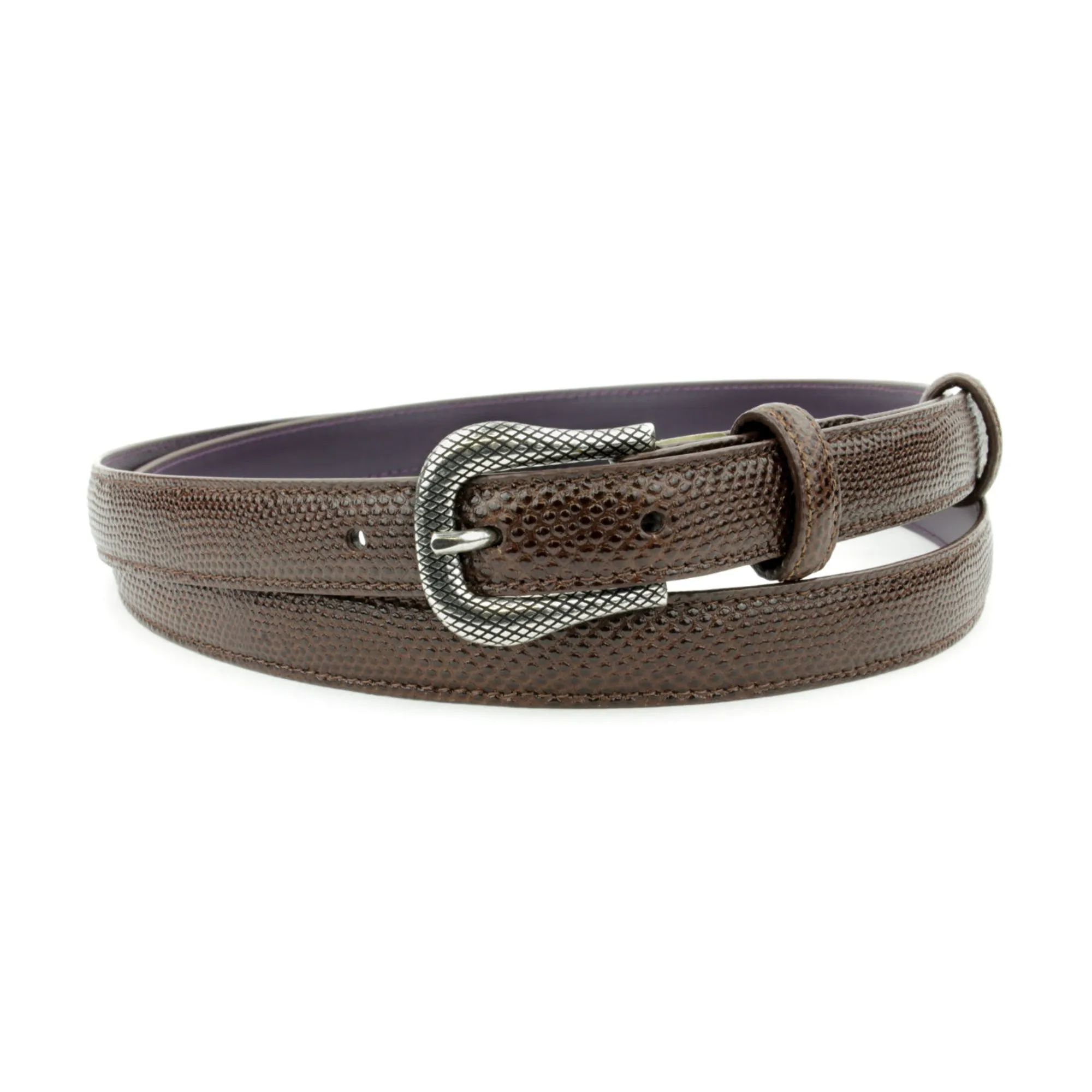 Dark Brown Skinny Carung Texture Etched Prong Belt