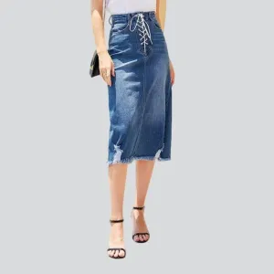 Distressed hem midi denim skirt