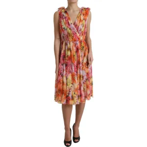 Dolce & Gabbana Elegant Floral Silk Midi Dress with V-Neck