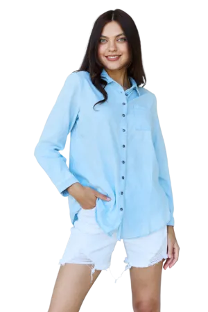 Doublju Blue Jean Baby Denim Button Down Shirt Top in Light Blue