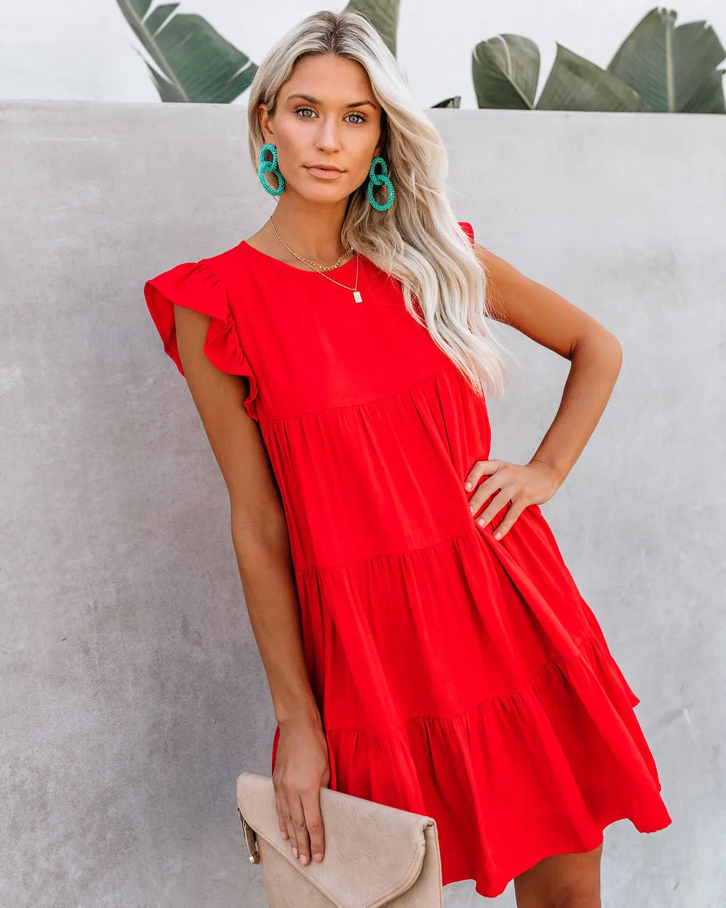 East Coast Pocketed Tiered Babydoll Dress - Red