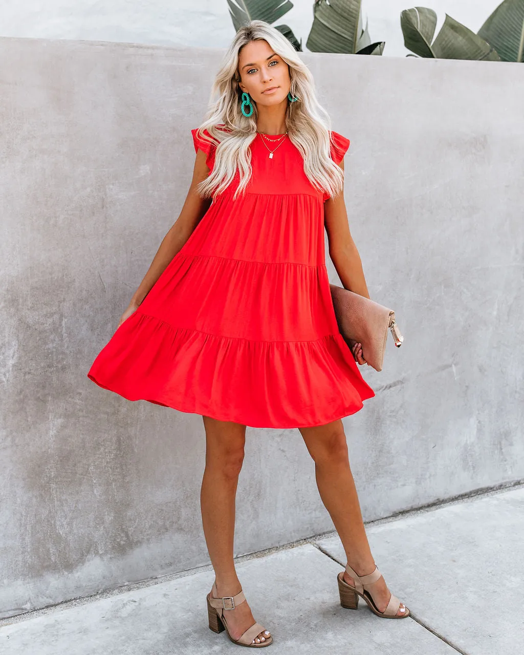 East Coast Pocketed Tiered Babydoll Dress - Red