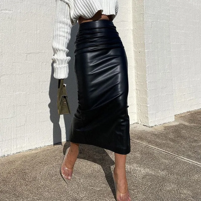 Elegant Office Lady Shining Leather Skirt