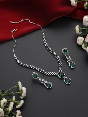 Emerald Green American Diamond Square Round Necklace & Earring Set