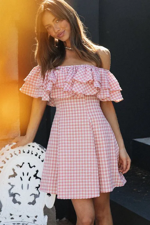 Essentially Sweet Off Shoulder Gingham Mini Dress