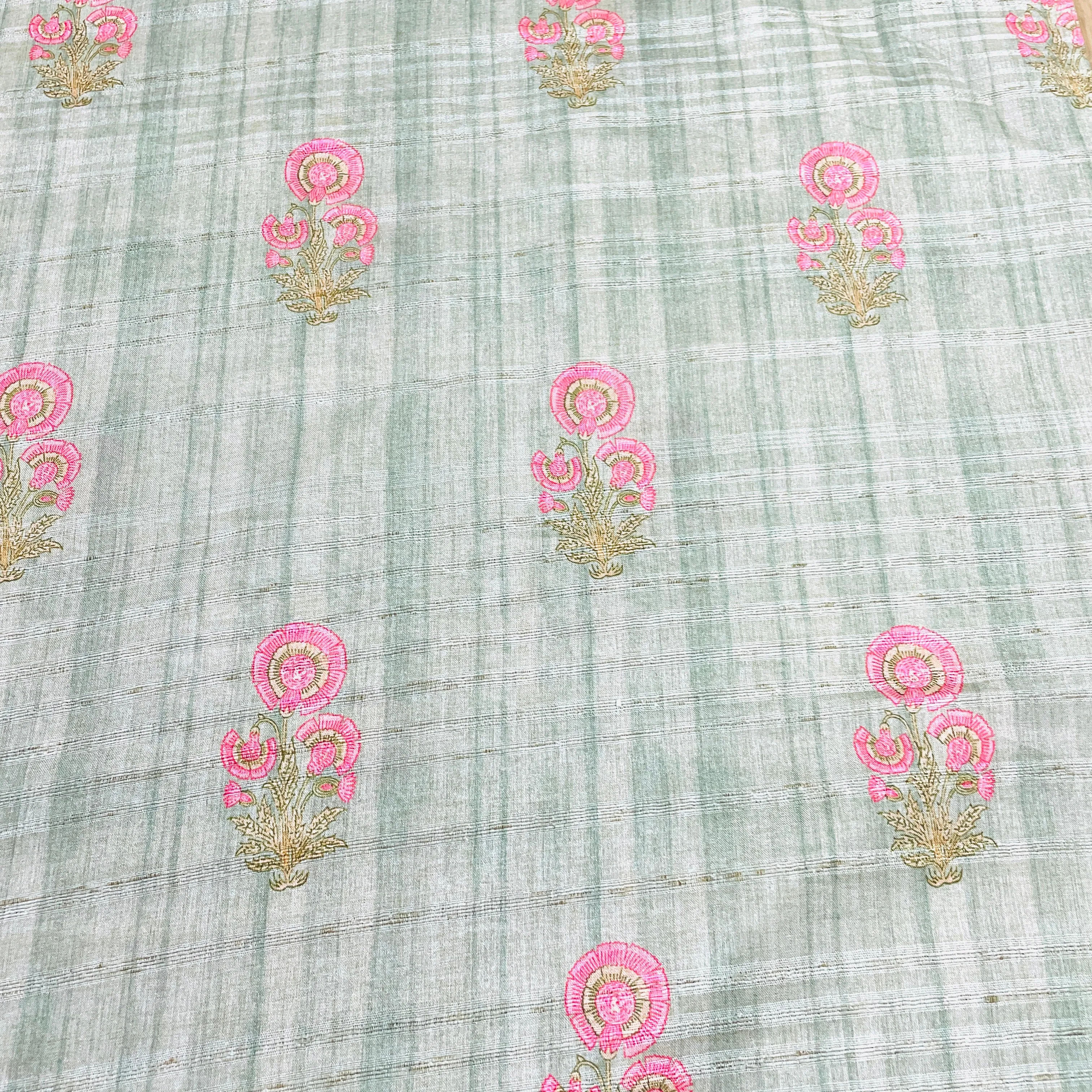 Exclusive Pastel Green Pink Floral Print Slub Tusser Silk