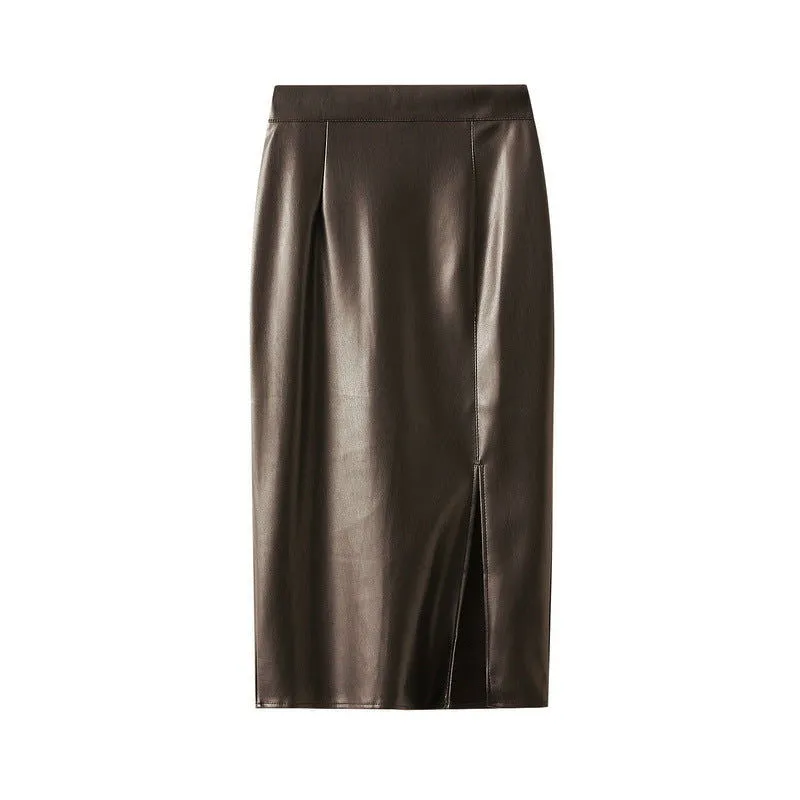 Faux Leather Skirt Skirt Women Autumn Retro Sexy Side Split One Step Skirt High Waist Mid Length Hip Skirt