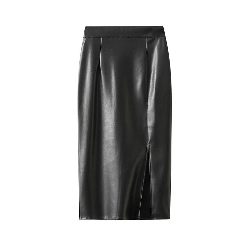 Faux Leather Skirt Skirt Women Autumn Retro Sexy Side Split One Step Skirt High Waist Mid Length Hip Skirt