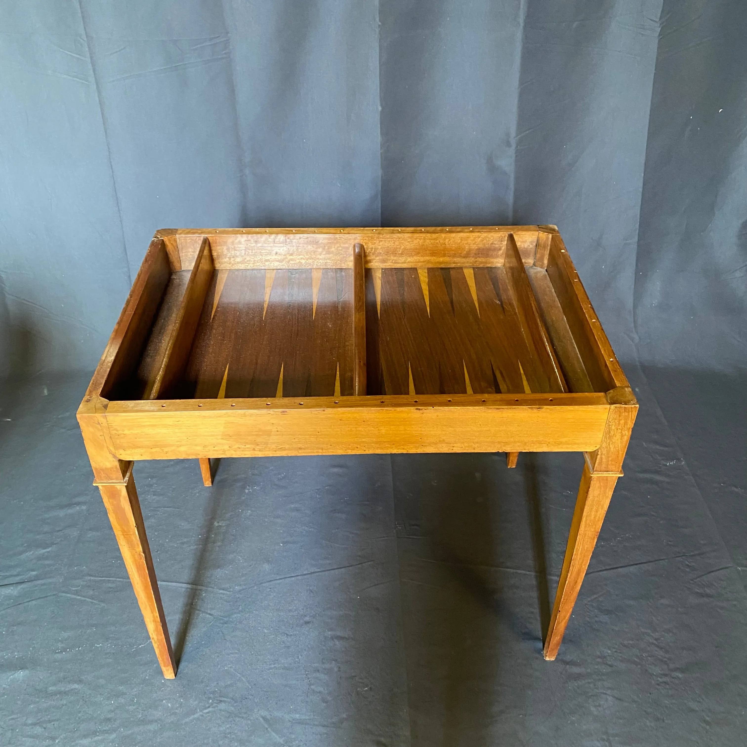 French Louis XVI Walnut Game Table with Reversible Embossed Leather Top, Marquetry Games Play Board and Inlaid Backgammon Board