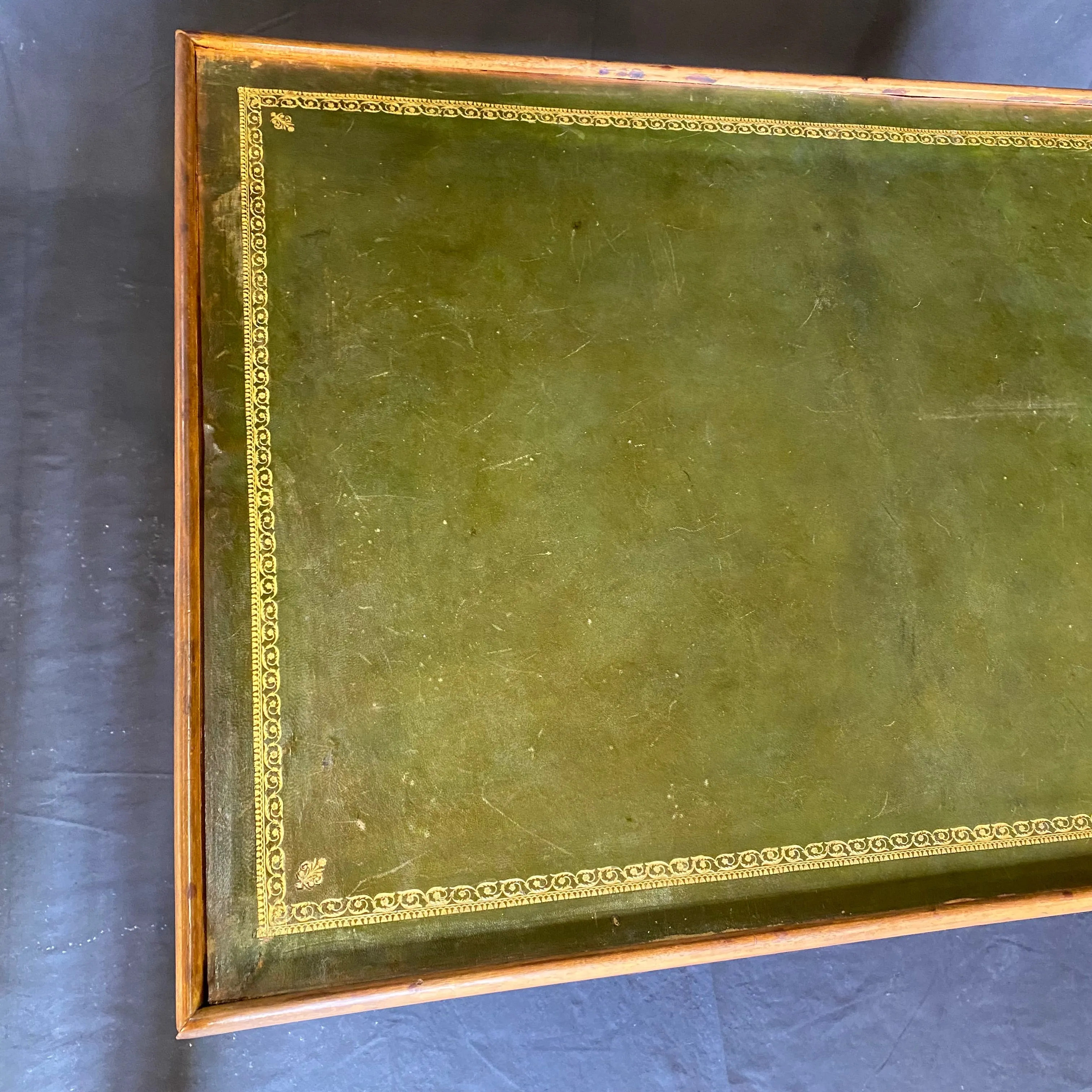 French Louis XVI Walnut Game Table with Reversible Embossed Leather Top, Marquetry Games Play Board and Inlaid Backgammon Board