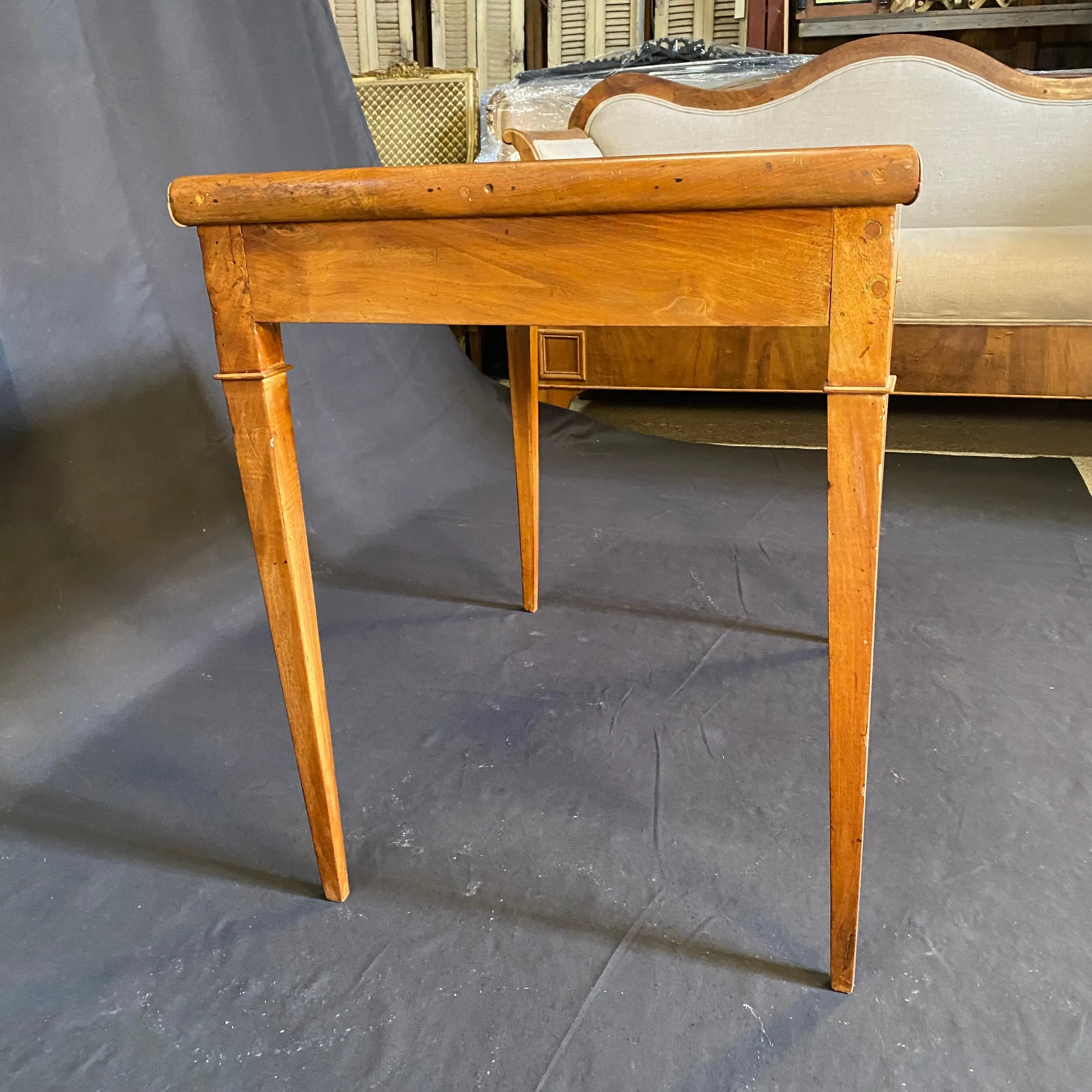 French Louis XVI Walnut Game Table with Reversible Embossed Leather Top, Marquetry Games Play Board and Inlaid Backgammon Board