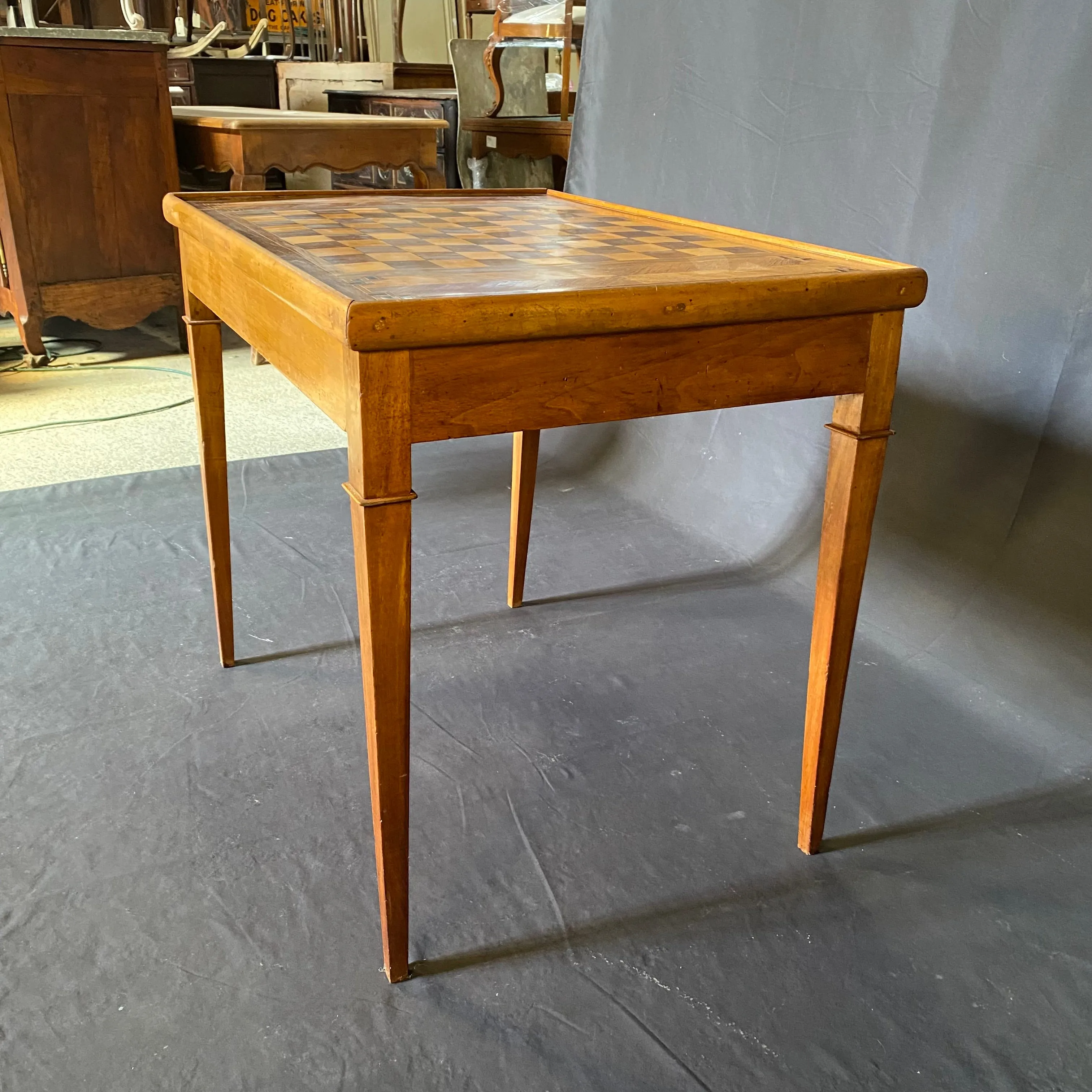 French Louis XVI Walnut Game Table with Reversible Embossed Leather Top, Marquetry Games Play Board and Inlaid Backgammon Board