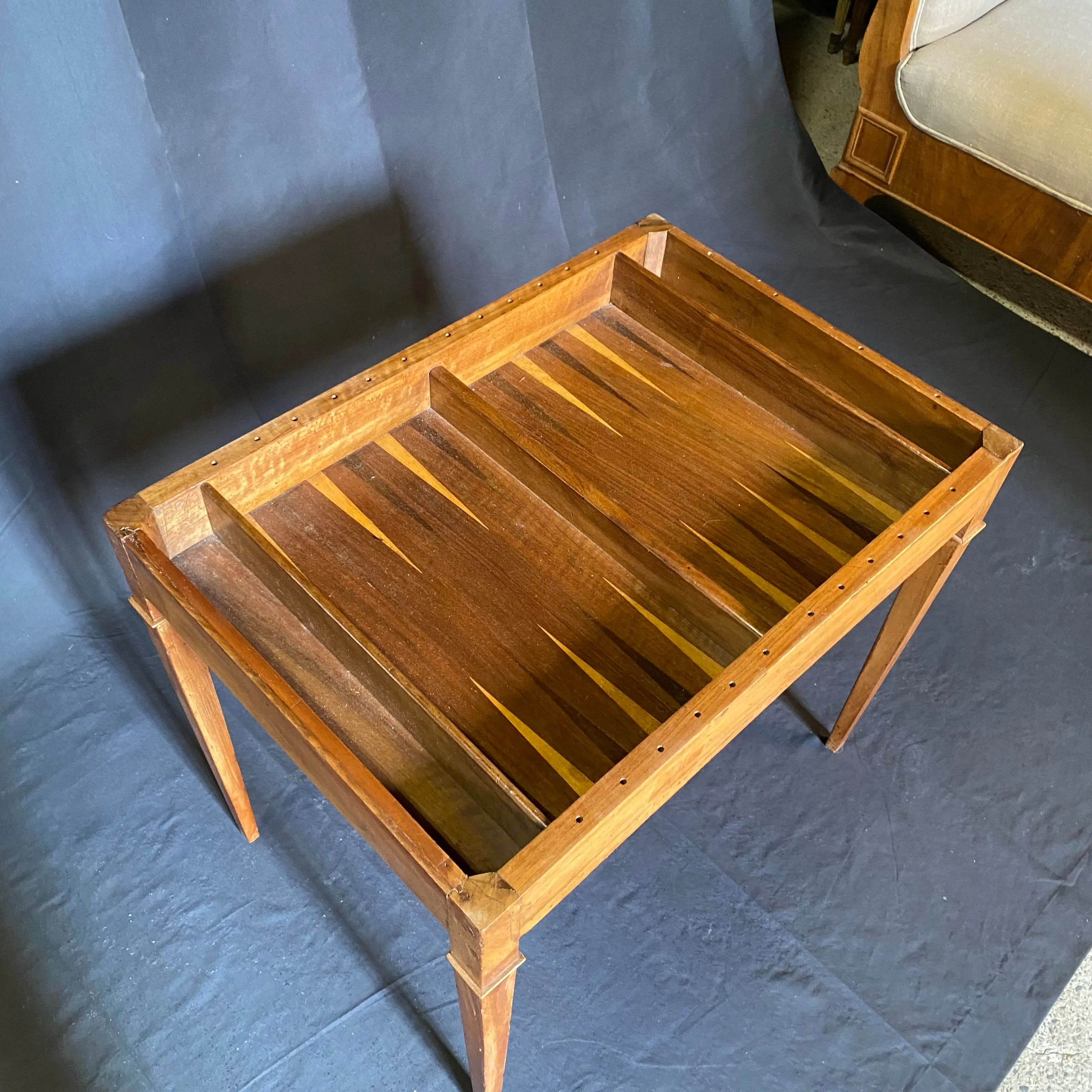 French Louis XVI Walnut Game Table with Reversible Embossed Leather Top, Marquetry Games Play Board and Inlaid Backgammon Board