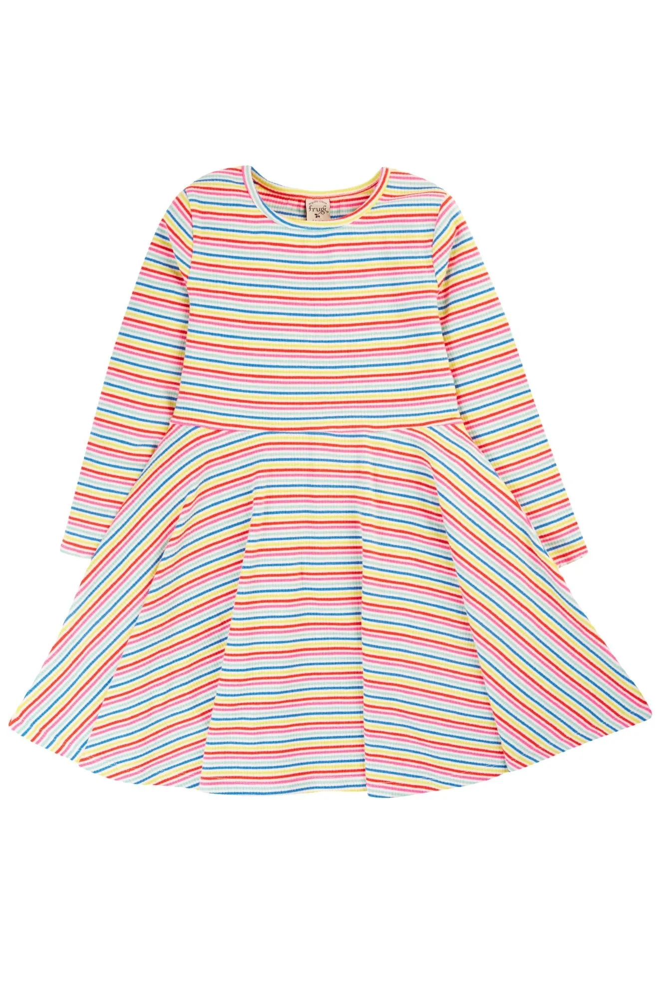 Frugi Rhianna Rib Skater Dress in Rainbow Rib Stripe