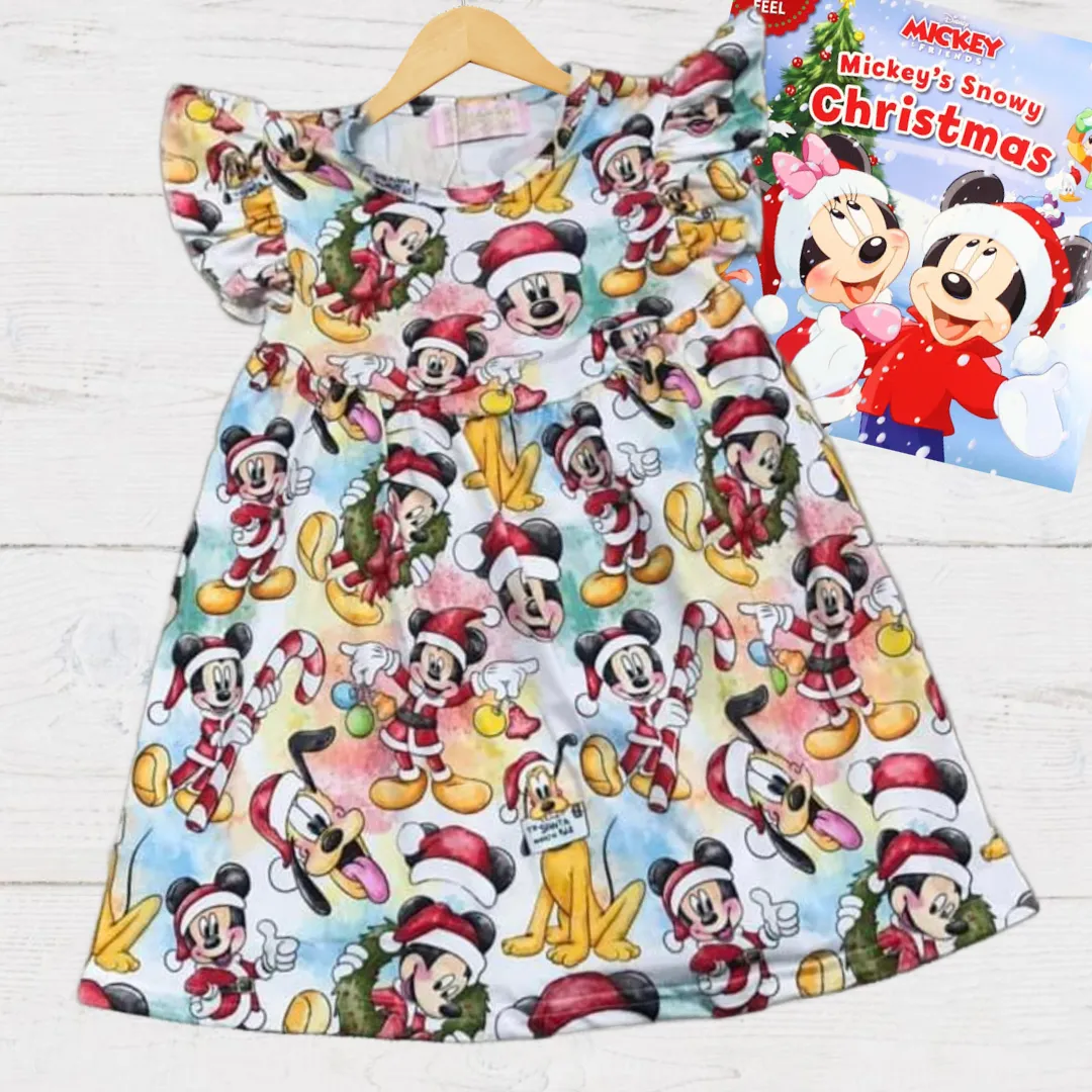 Girls Fun Holiday Character Dresses - Water Color Mickey Mouse & Friends Christmas