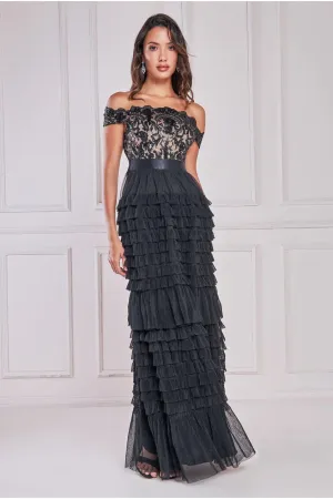 Goddiva Scallop Bardot Ruffle Mesh Maxi