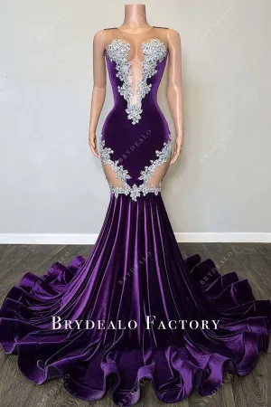 Grape Velvet Horsehair Mermaid Sleeveless Plunging Prom Dress