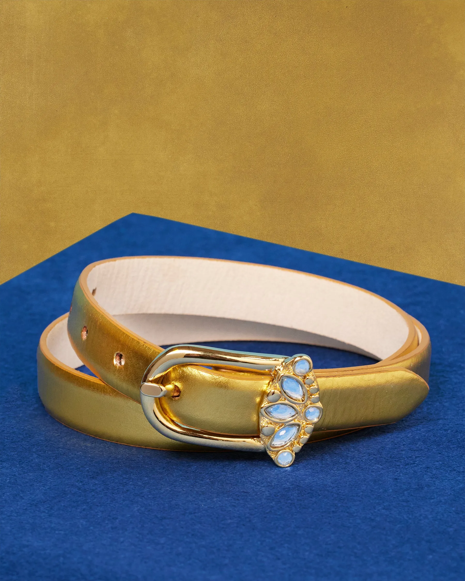 Harlow Gold Leather Belt in Blue Gem Accents