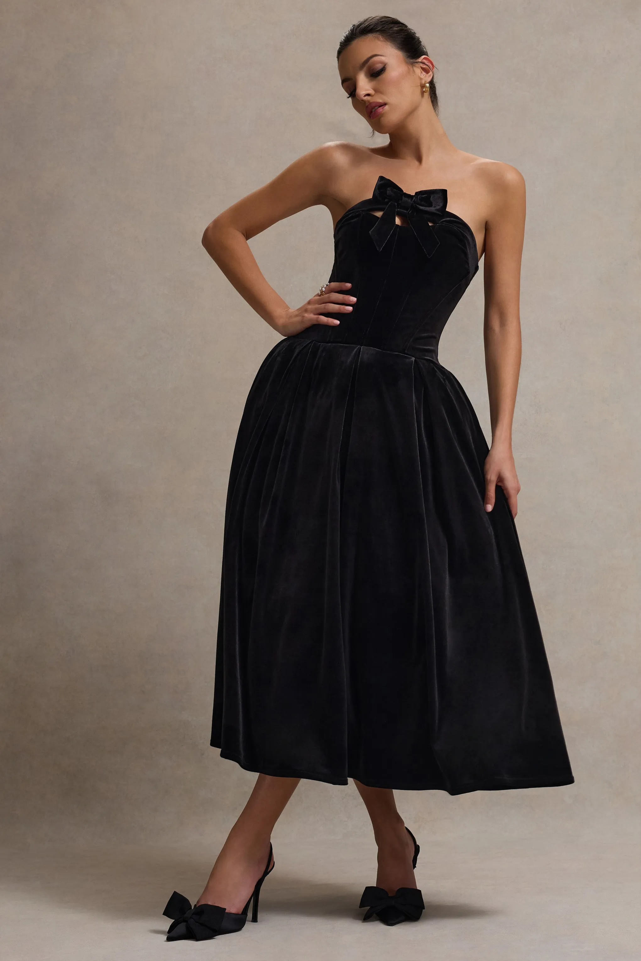 Hepburn | Black Velvet Bandeau Midi Dress With Bow