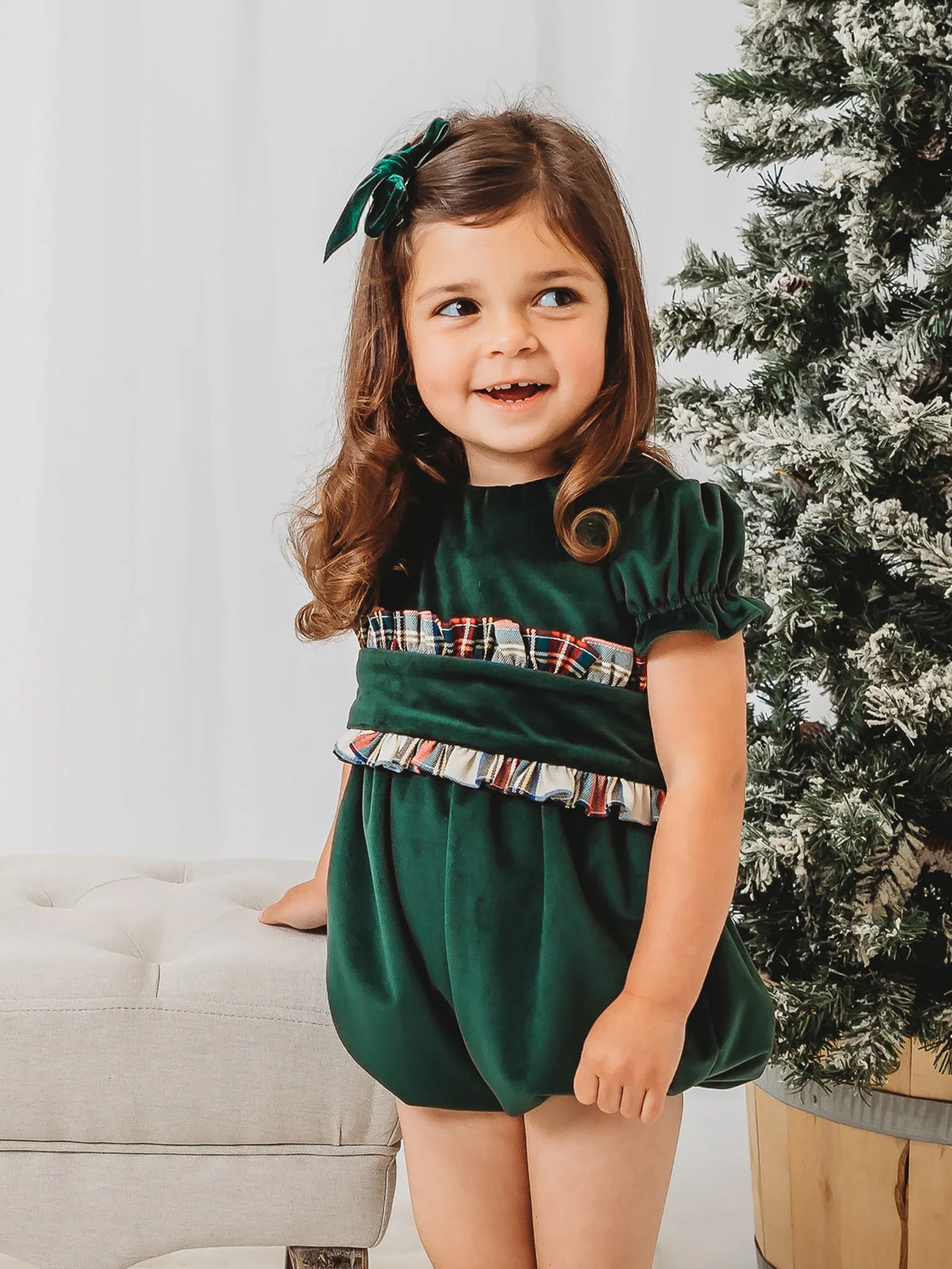 'Holly' Bottle green velvet & tartan romper