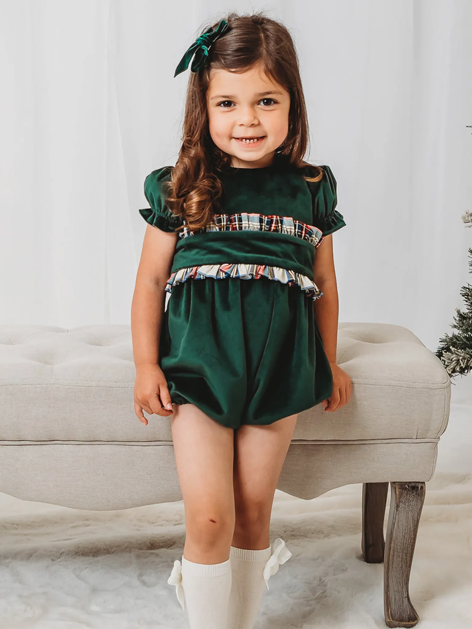 'Holly' Bottle green velvet & tartan romper