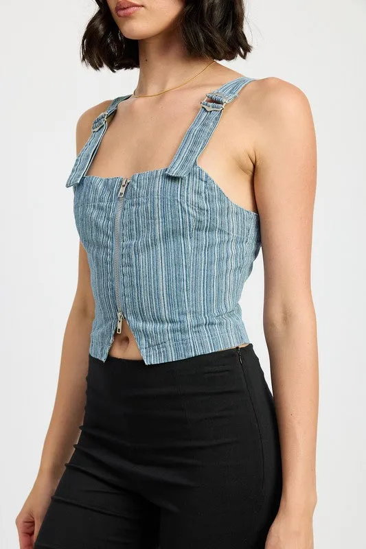 Hot Girl Dreamer Denim Striped Zipper Front Bustier Tank Top