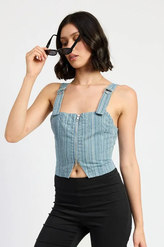 Hot Girl Dreamer Denim Striped Zipper Front Bustier Tank Top