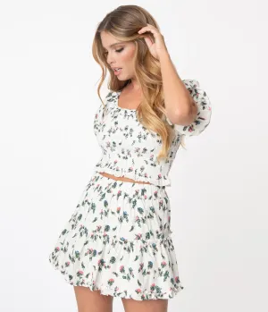 Ivory Floral Linen Crop Top