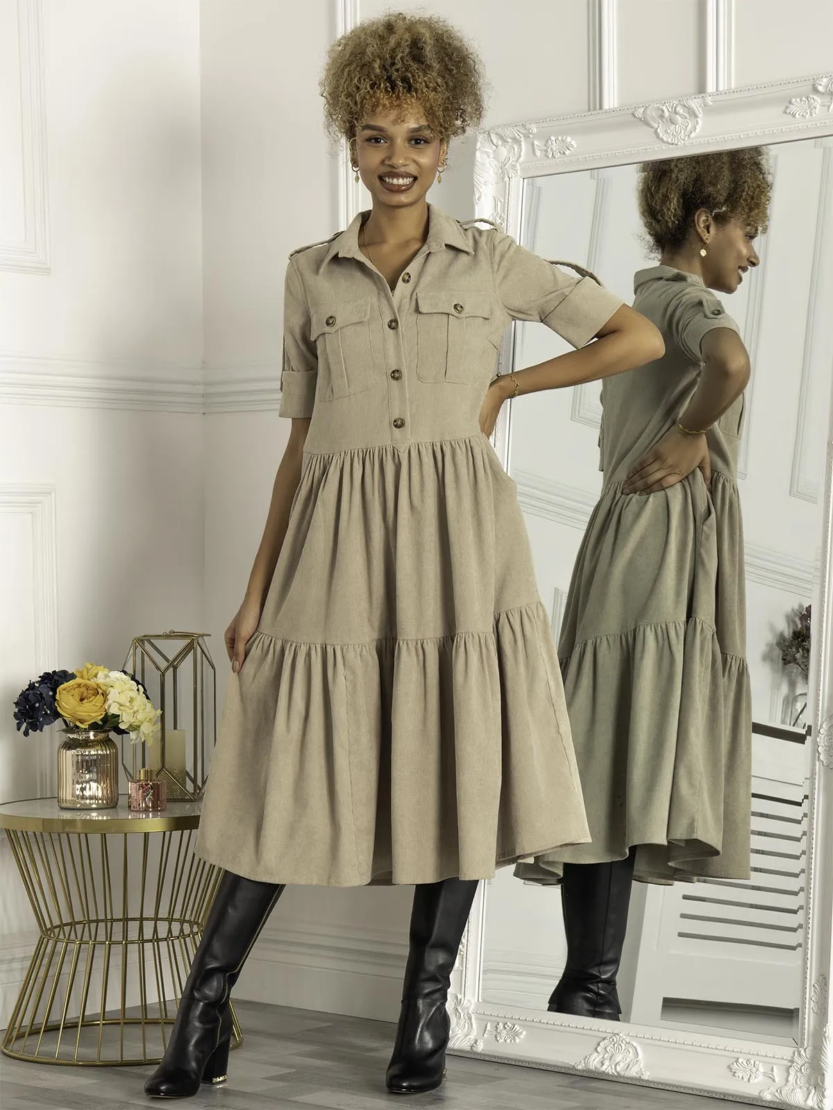 Jolie Moi Military Tiered Shirt Dress, Ecru