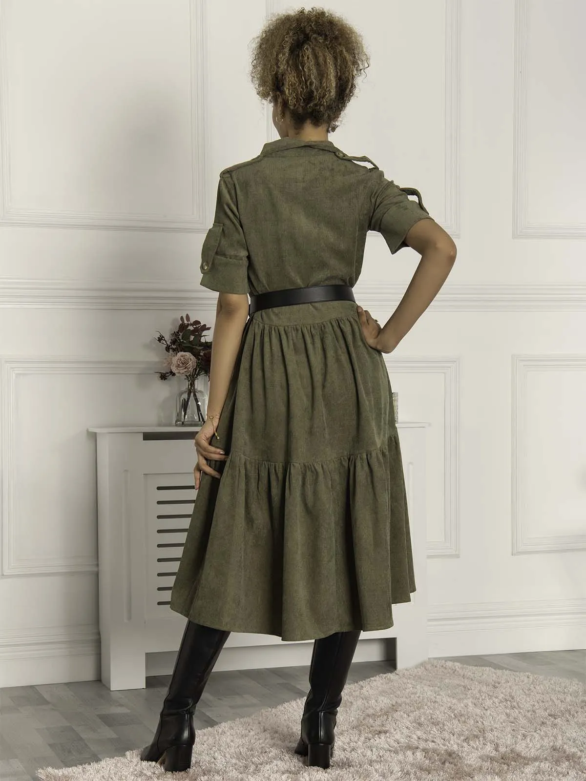 Jolie Moi Military Tiered Shirt Dress, Soldier Green