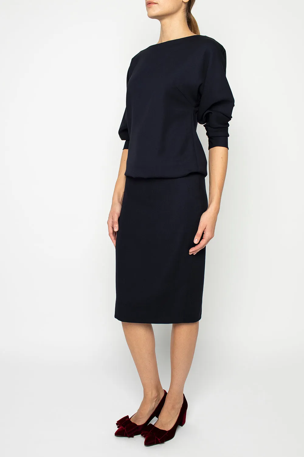 KAEMPFERIA ELEGANT WOOL CREPE NAVY BLUE DRESS