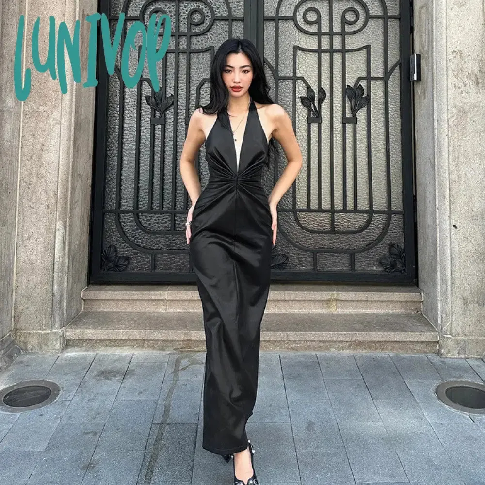 Lunivop dress to impress outfits PU Leather High-Grade Elegant Halter Dress 2024 New Nightclub Hot Girl Sexy Deep V Backless Sheath Dress