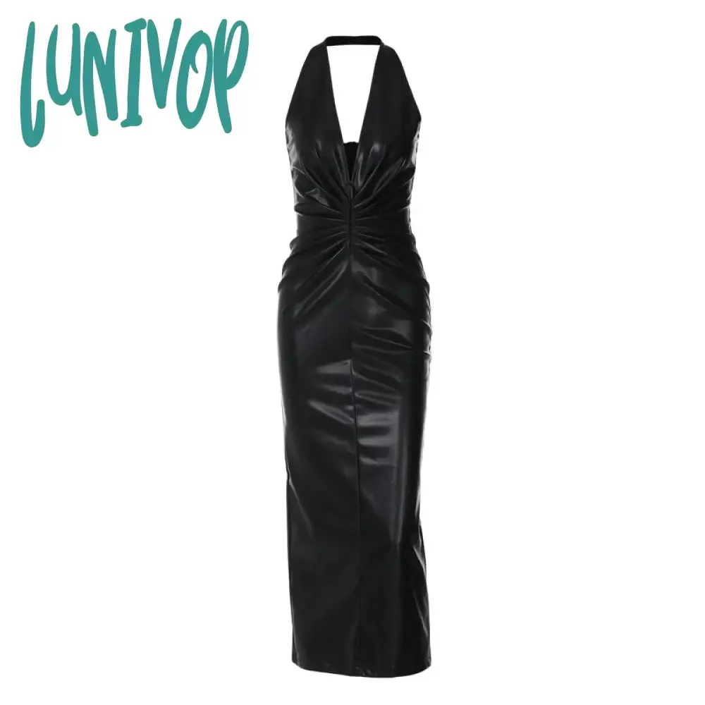 Lunivop dress to impress outfits PU Leather High-Grade Elegant Halter Dress 2024 New Nightclub Hot Girl Sexy Deep V Backless Sheath Dress