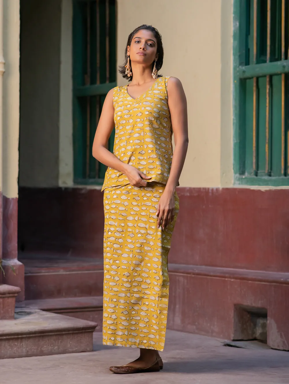 Matsya. Bagru Handblock Printed Wrap Skirt & Top Set