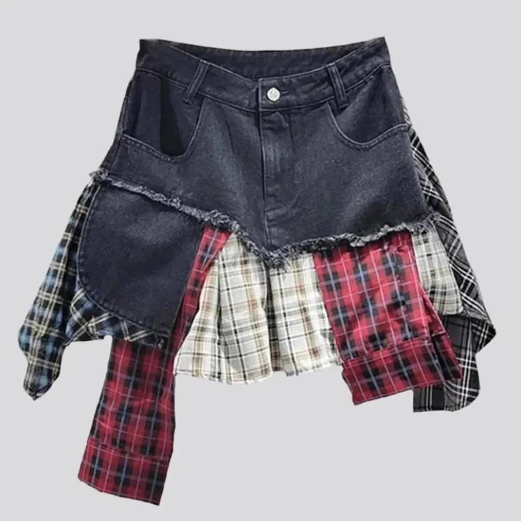 Mid-waist mixed-fabrics jean skort