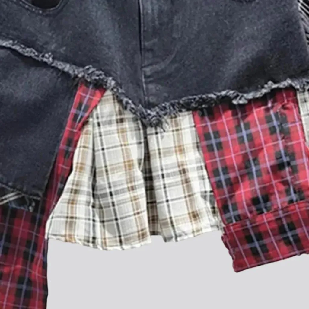 Mid-waist mixed-fabrics jean skort