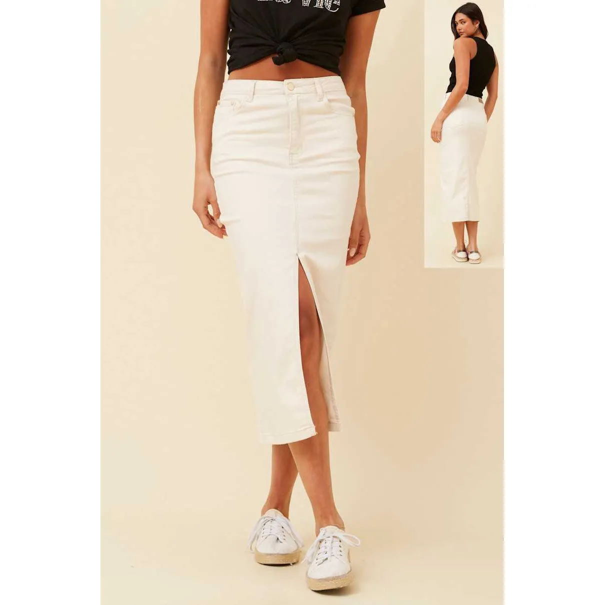 Midi Denim Skirt With Front Split  - Ivory