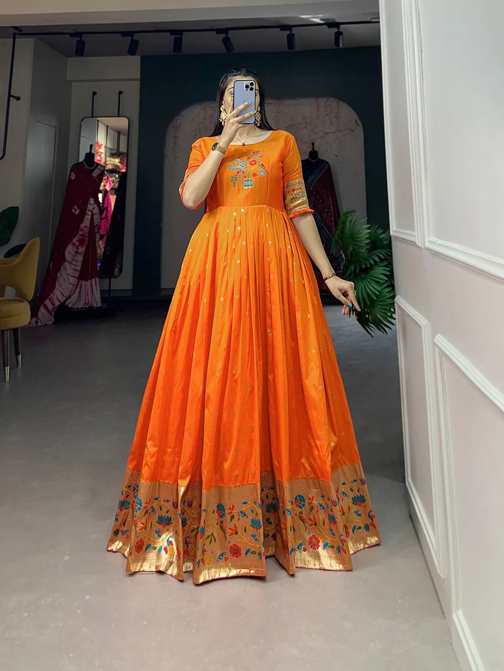 Orange Jacquard Silk Paithani Gown