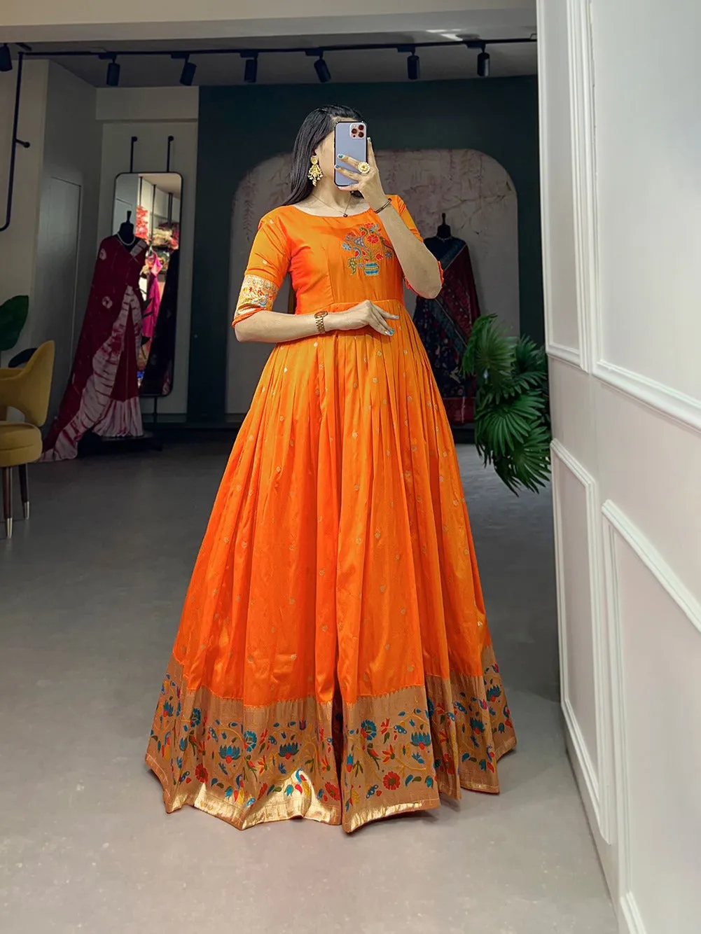 Orange Jacquard Silk Paithani Gown