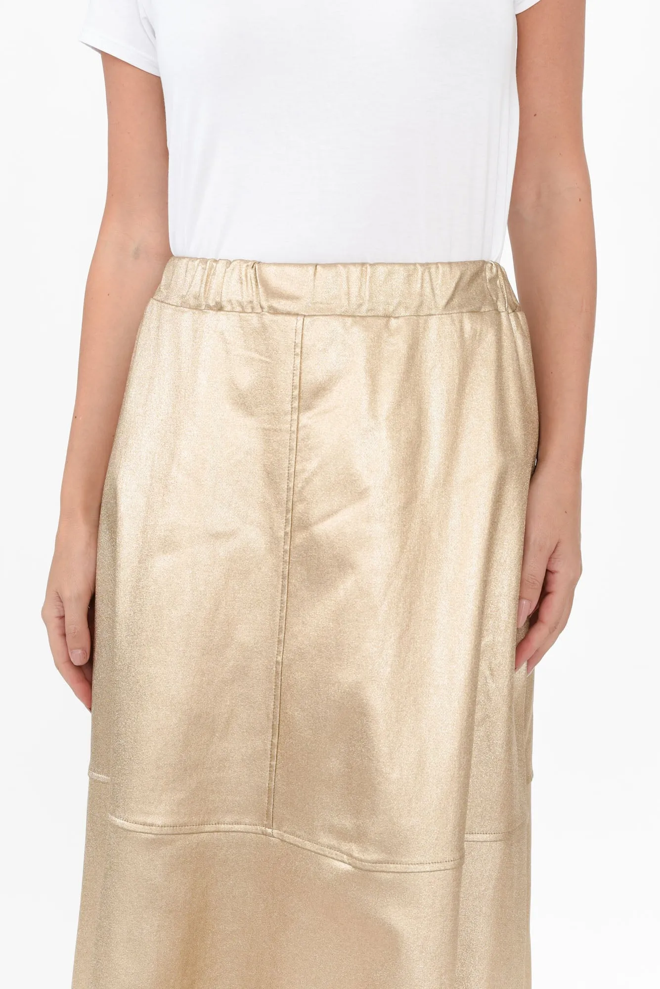 Oriel Gold Faux Leather Midi Skirt