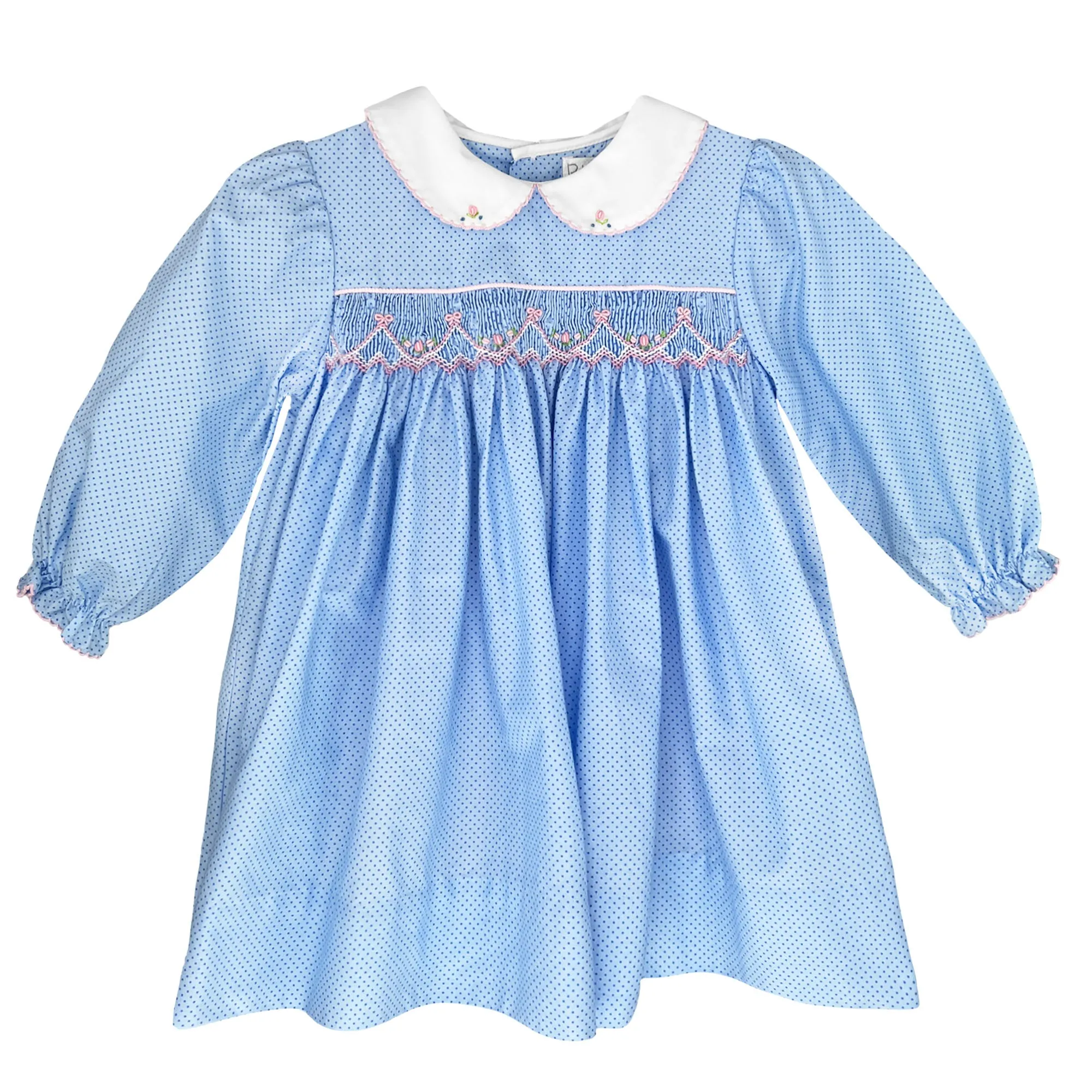 Petit Ami Smocked Long Sleeve Dress in Blue Polka Dots