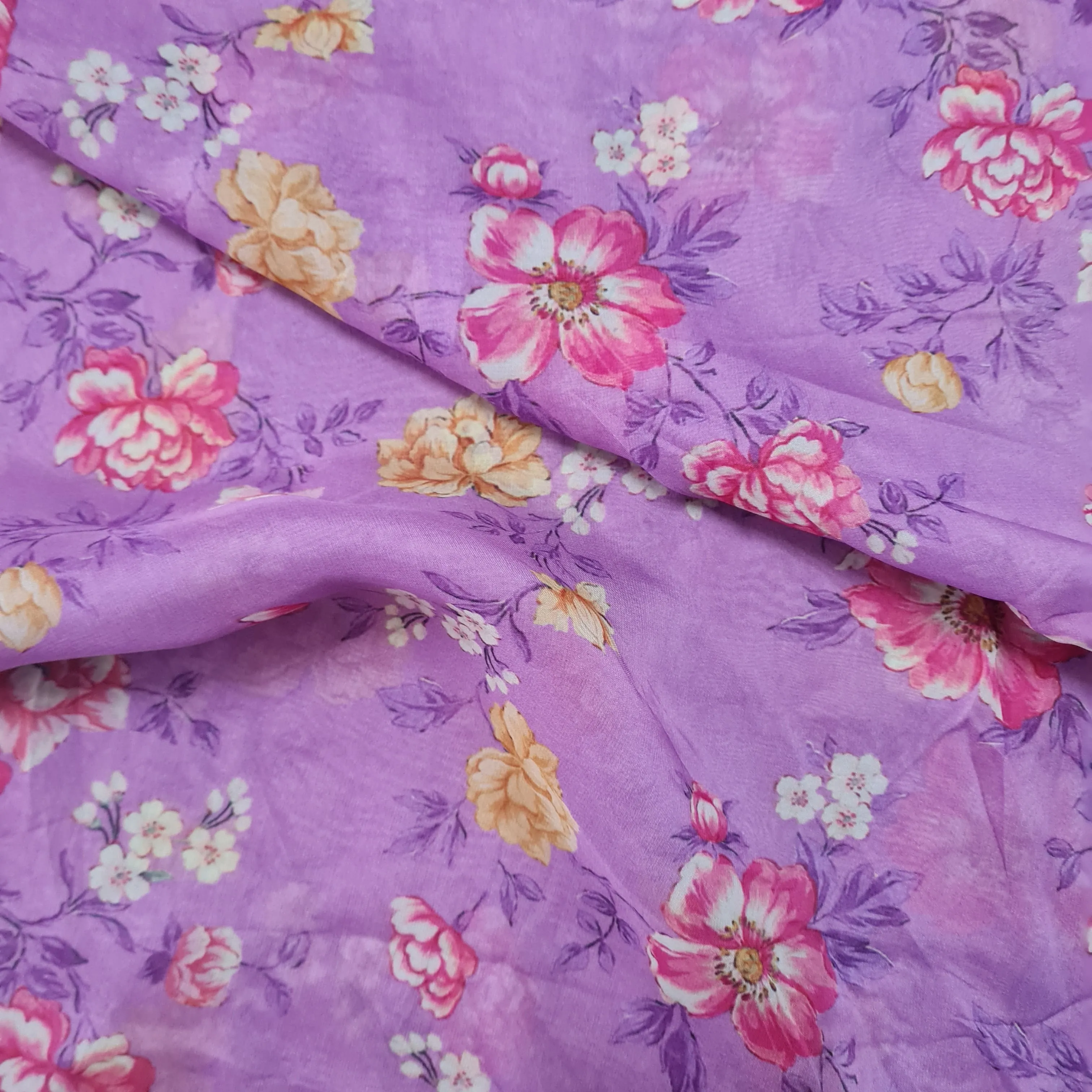 Premium Purple Floral Print Organza Fabric