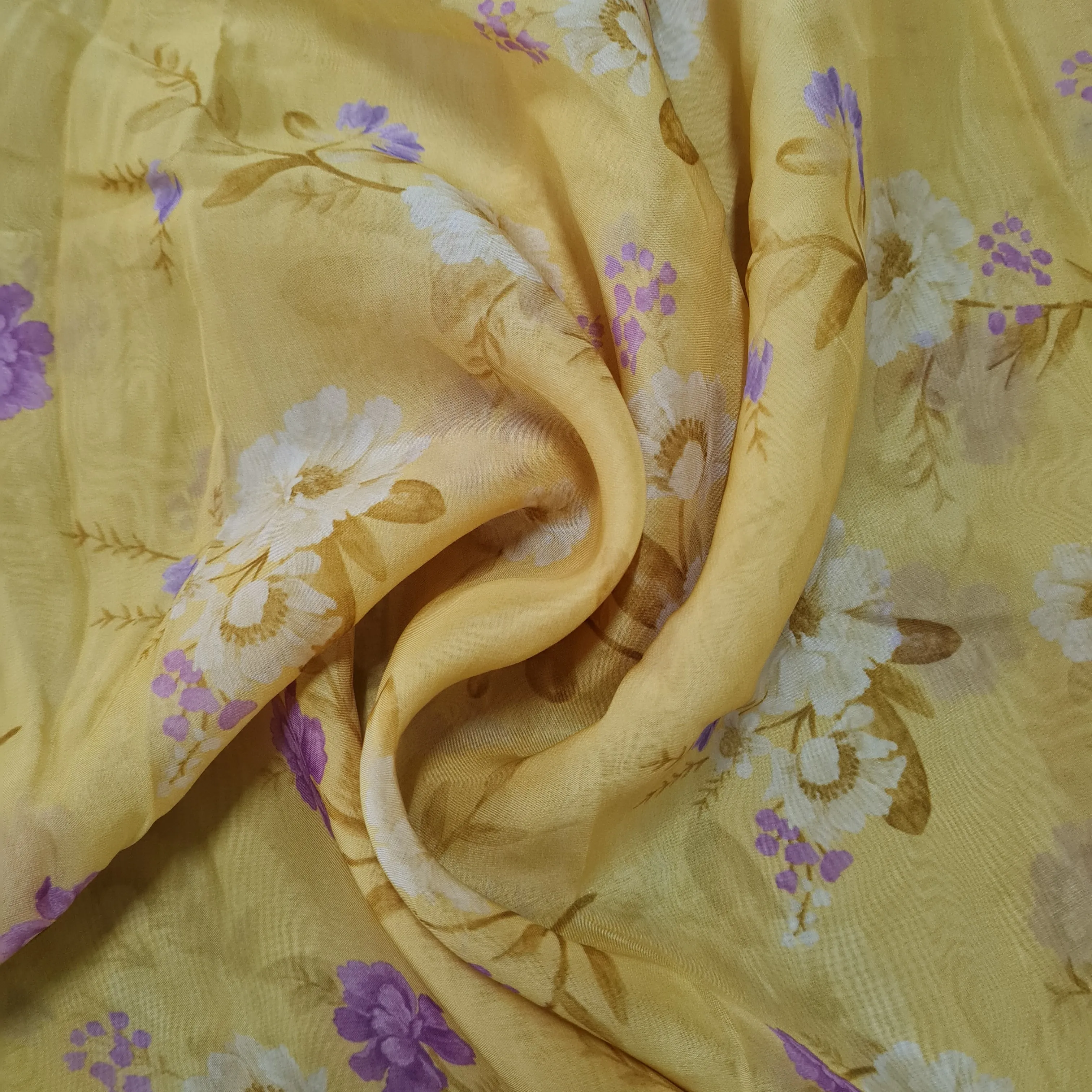 Premium Yellow Floral Print Organza Fabric