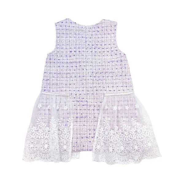 Purple Bowtie Lace Trim Tweed Dress